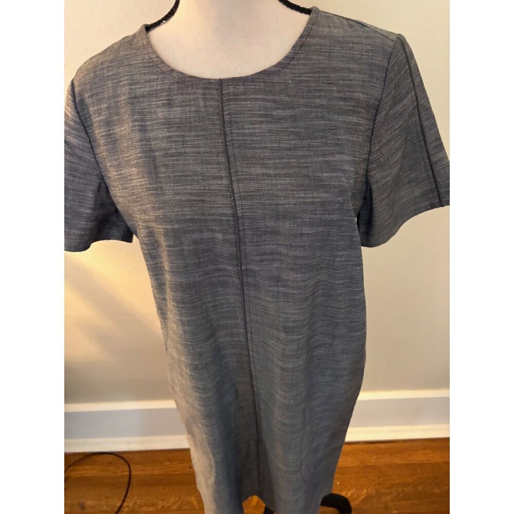 Lilla P Chambray Shift Dress S Short Sleeve Exposed Brass Zipper Pockets